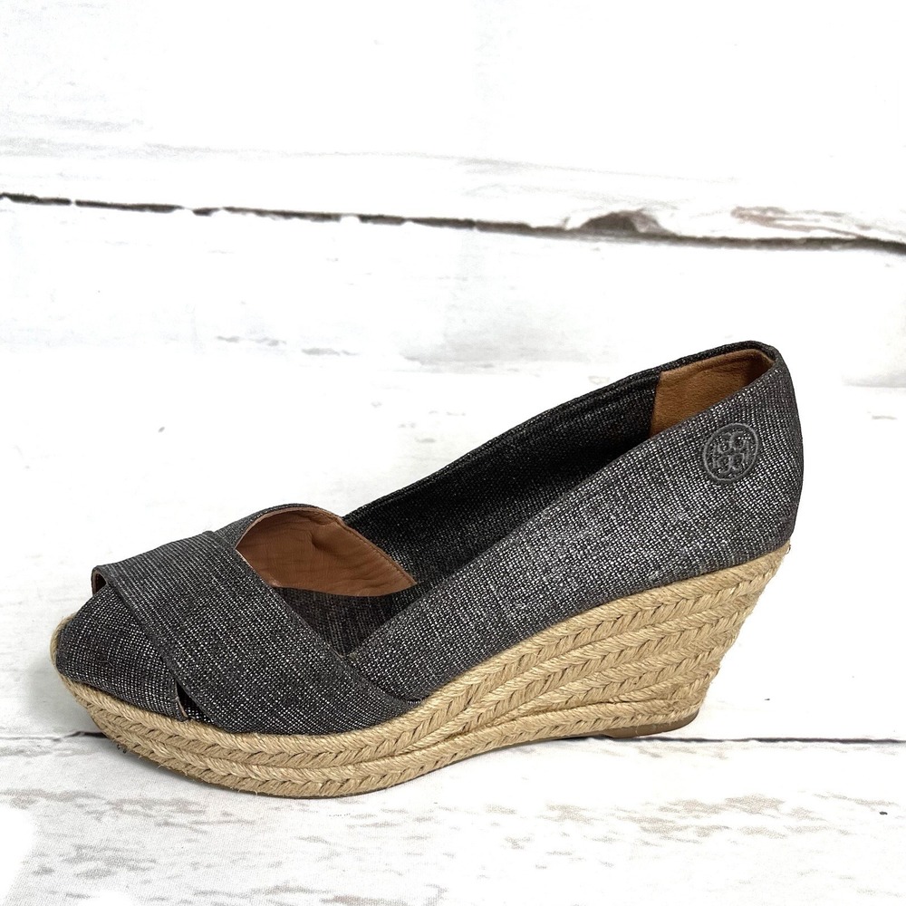 Tory Burch Filipa Shoes Women's 9.5B Pewter Espadrilles Peep Toe Wedges